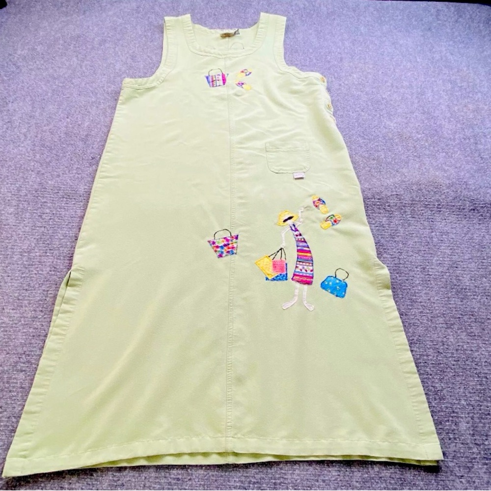Vintage‎ Beverly's Jumper Dress Women 14 Green Appliqué Y2K Coastal Cottagecore